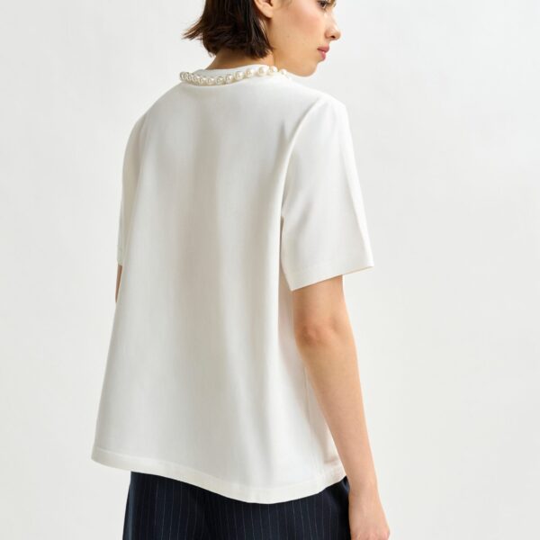 Essentiel Antwerp Red and white cotton T-shirt with "HUH?"- print and bead embellishments - Essentiel Antwerp Shirts - Colorful Belgian Design - Shop at Coveti