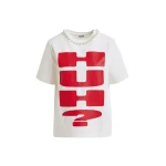 Essentiel Antwerp Red and white cotton T-shirt with "HUH?"- print and bead embellishments - Essentiel Antwerp Shirts - Colorful Belgian Design - Shop at Coveti