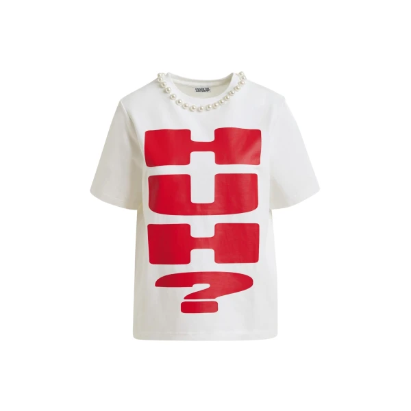 Essentiel Antwerp Red and white cotton T-shirt with "HUH?"- print and bead embellishments - Essentiel Antwerp Shirts - Colorful Belgian Design - Shop at Coveti