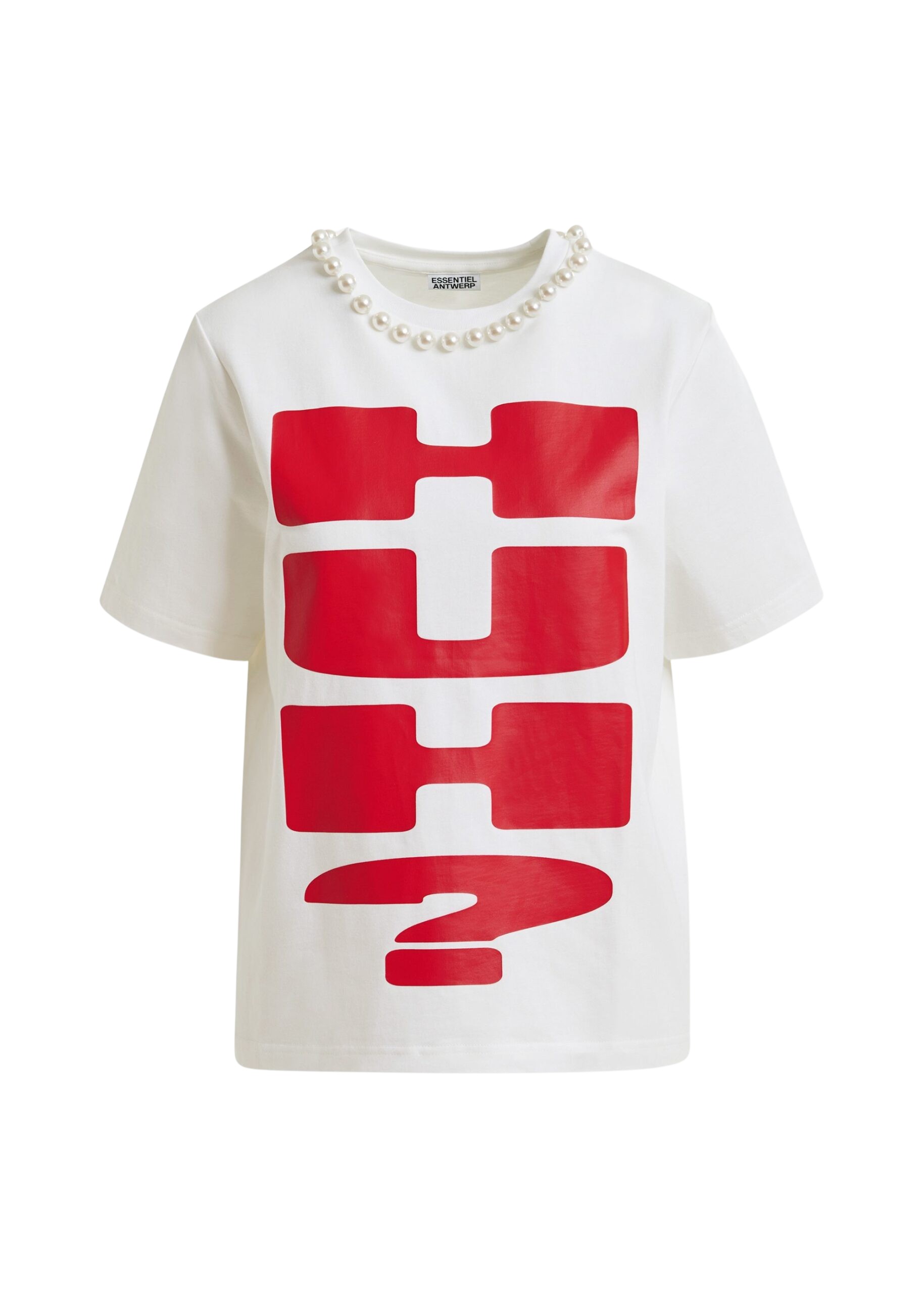 Essentiel Antwerp Red and white cotton T-shirt with "HUH?"- print and bead embellishments - Essentiel Antwerp Shirts - Colorful Belgian Design - Shop at Coveti