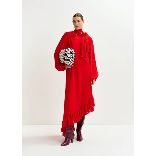 Essentiel Antwerp Red asymmetrical ruffle-hem maxi dress with pussy-bow tie, view 2