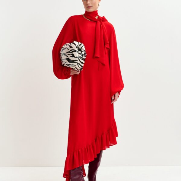 Essentiel Antwerp Red asymmetrical ruffle-hem maxi dress with pussy-bow tie - Essentiel Antwerp Dresses - Colorful Belgian Design - Shop at Coveti
