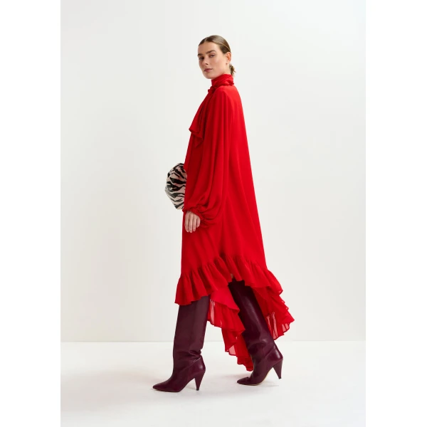 Essentiel Antwerp Red asymmetrical ruffle-hem maxi dress with pussy-bow tie, view 3