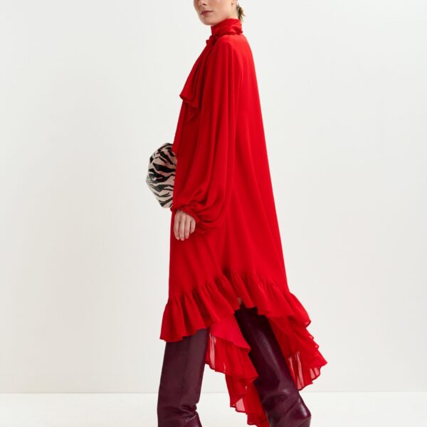Essentiel Antwerp Red asymmetrical ruffle-hem maxi dress with pussy-bow tie - Essentiel Antwerp Dresses - Colorful Belgian Design - Shop at Coveti