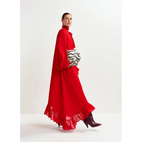 Essentiel Antwerp Red asymmetrical ruffle-hem maxi dress with pussy-bow tie, view 4