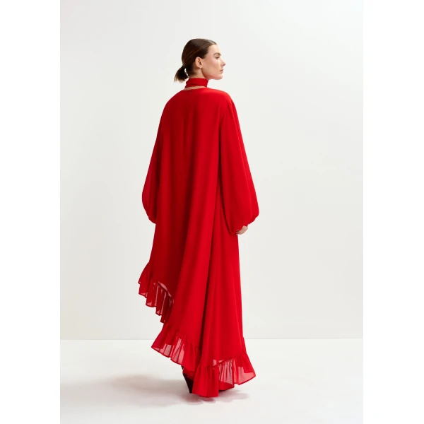 Essentiel Antwerp Red asymmetrical ruffle-hem maxi dress with pussy-bow tie, view 5