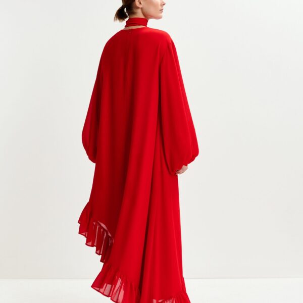 Essentiel Antwerp Red asymmetrical ruffle-hem maxi dress with pussy-bow tie - Essentiel Antwerp Dresses - Colorful Belgian Design - Shop at Coveti