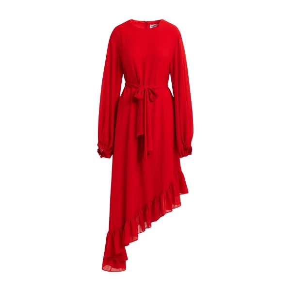 Essentiel Antwerp Red asymmetrical ruffle-hem maxi dress with pussy-bow tie - Essentiel Antwerp Dresses - Colorful Belgian Design - Shop at Coveti