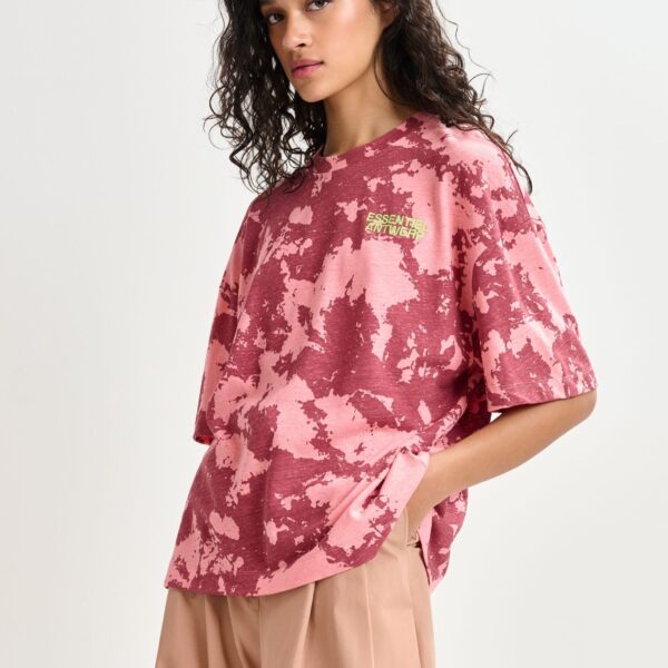 pink and yellow oversized cotton-linen blend T-shirt with embroidery - Essentiel Antwerp Shirts - Colorful Belgian Design - Shop at Coveti