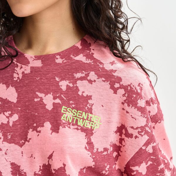 pink and yellow oversized cotton-linen blend T-shirt with embroidery - Essentiel Antwerp Shirts - Colorful Belgian Design - Shop at Coveti