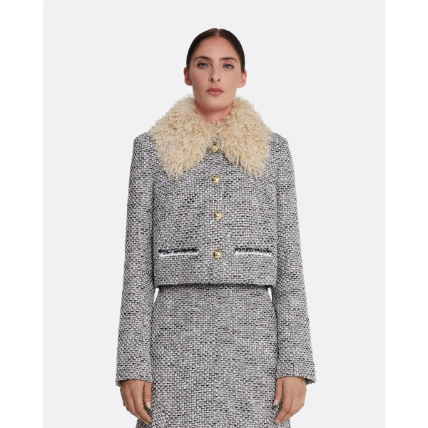 Safiyaa Annalisa Jacket in Stone on Greyscale - Safiyaa Jackets - Heavy Crepe Cape Gown - Shop at Coveti