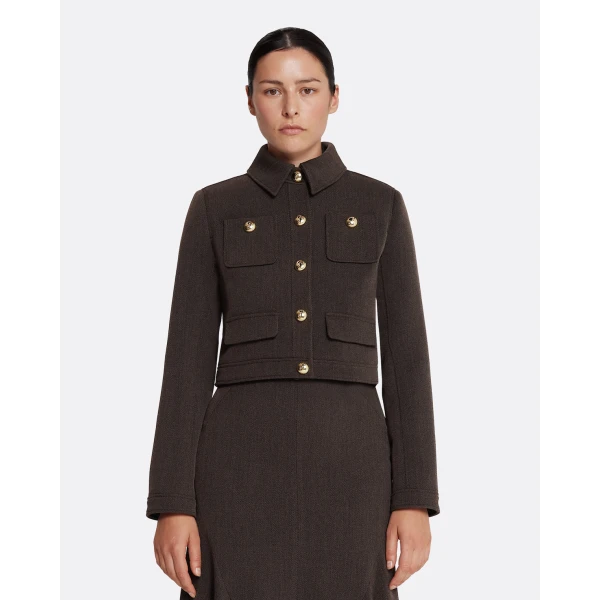 Safiyaa Darby Jacket in Soft Brown - Safiyaa Jackets - Heavy Crepe Cape Gown - Shop at Coveti
