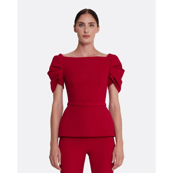 Safiyaa Ivana Top & Bertha Belt in Azalea Red - Safiyaa Tops - Heavy Crepe Cape Gown - Shop at Coveti