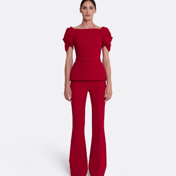 Safiyaa Ivana Top & Bertha Belt in Azalea Red - Safiyaa Tops - Heavy Crepe Cape Gown - Shop at Coveti