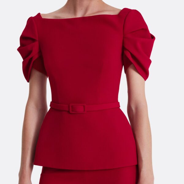 Safiyaa Ivana Top & Bertha Belt in Azalea Red - Safiyaa Tops - Heavy Crepe Cape Gown - Shop at Coveti