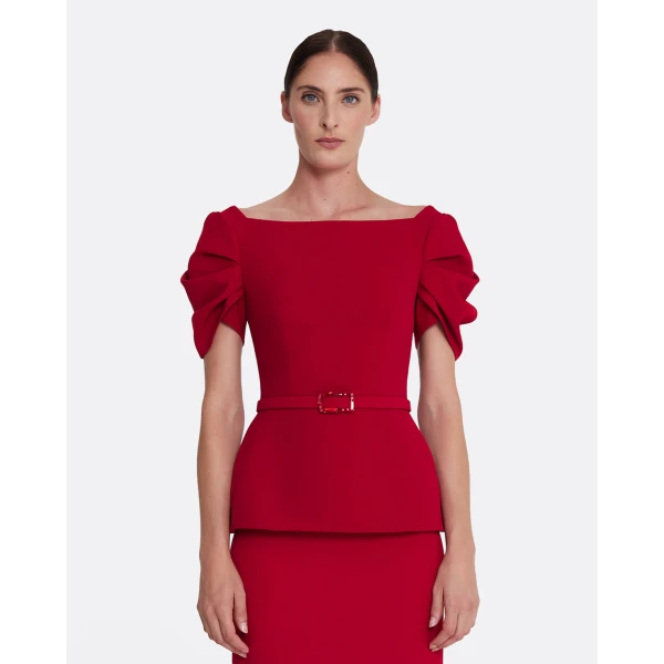 Safiyaa Ivana Top & Bertha Belt in Azalea Red with Multi-reds - Safiyaa Tops - Heavy Crepe Cape Gown - Shop at Coveti