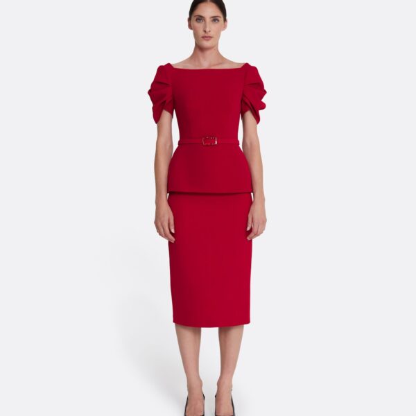 Safiyaa Ivana Top & Bertha Belt in Azalea Red with Multi-reds - Safiyaa Tops - Heavy Crepe Cape Gown - Shop at Coveti