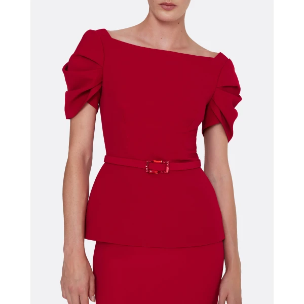 Safiyaa Ivana Top & Bertha Belt in Azalea Red with Multi-reds, view 5
