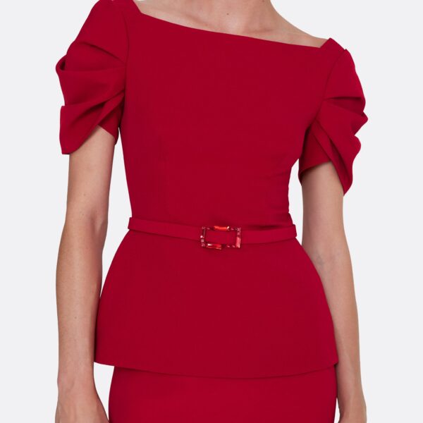 Safiyaa Ivana Top & Bertha Belt in Azalea Red with Multi-reds - Safiyaa Tops - Heavy Crepe Cape Gown - Shop at Coveti