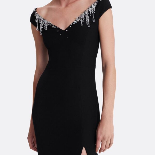 Safiyaa Lucrezia Long Dress in Black with Smoke/crystal - Safiyaa Dresses - Heavy Crepe Cape Gown - Shop at Coveti