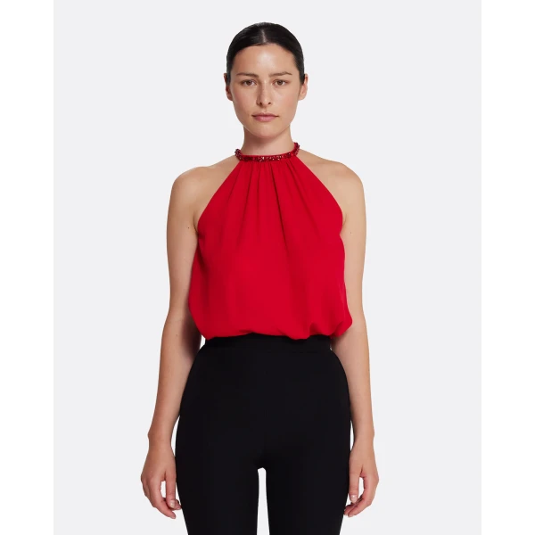 Safiyaa Lunetta Top in Azalea Red with Multi-reds - Safiyaa Tops - Heavy Crepe Cape Gown - Shop at Coveti