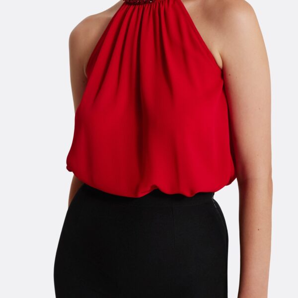 Safiyaa Lunetta Top in Azalea Red with Multi-reds - Safiyaa Tops - Heavy Crepe Cape Gown - Shop at Coveti