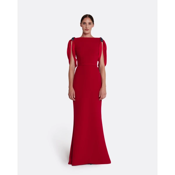 Safiyaa Mariah Long Dress in Cherry Red on Azalea with Multi-blues, view 2