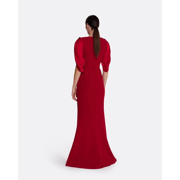 Safiyaa Mariah Long Dress in Cherry Red on Azalea with Multi-blues, view 3
