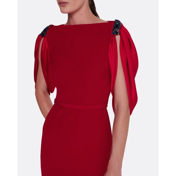 Safiyaa Mariah Long Dress in Cherry Red on Azalea with Multi-blues, view 4