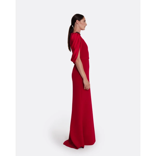 Safiyaa Mariah Long Dress in Cherry Red on Azalea with Multi-blues, view 5