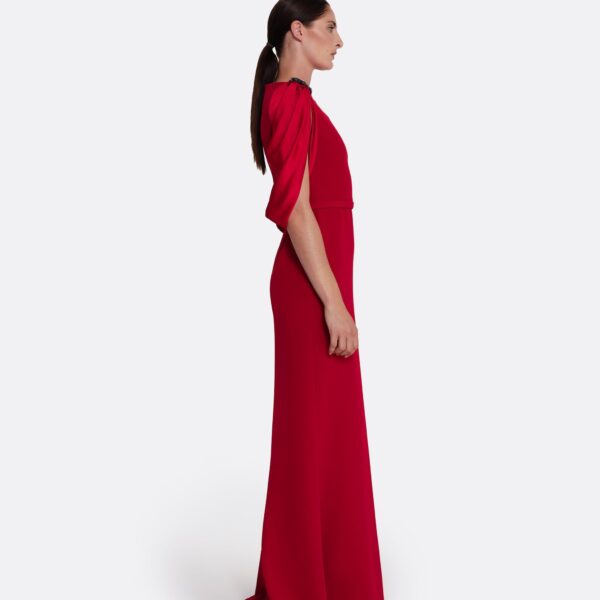 Safiyaa Mariah Long Dress in Cherry Red on Azalea with Multi-blues - Safiyaa Dresses - Heavy Crepe Cape Gown - Shop at Coveti