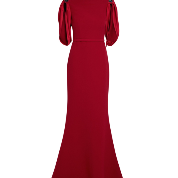 Safiyaa Mariah Long Dress in Cherry Red on Azalea with Multi-blues - Safiyaa Dresses - Heavy Crepe Cape Gown - Shop at Coveti