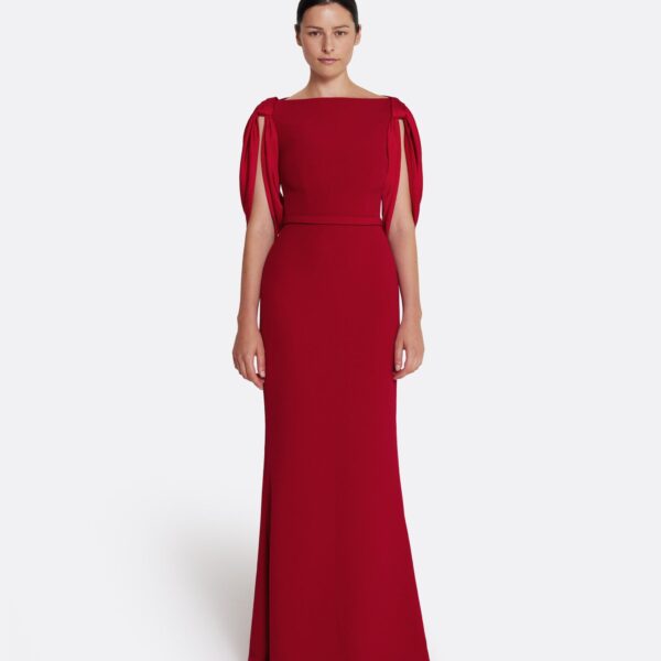 Safiyaa Mimi Long Dress in Cherry Red on Azalea Red - Safiyaa Dresses - Heavy Crepe Cape Gown - Shop at Coveti
