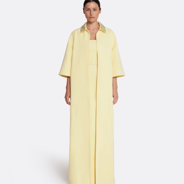 Safiyaa Ninetta Jacket in Pale Yellow with Gold - Safiyaa Jackets - Heavy Crepe Cape Gown - Shop at Coveti