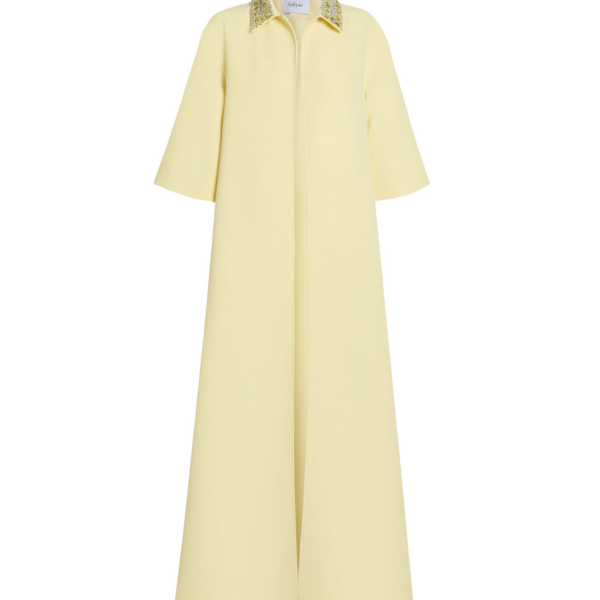 Safiyaa Ninetta Jacket in Pale Yellow with Gold - Safiyaa Jackets - Heavy Crepe Cape Gown - Shop at Coveti