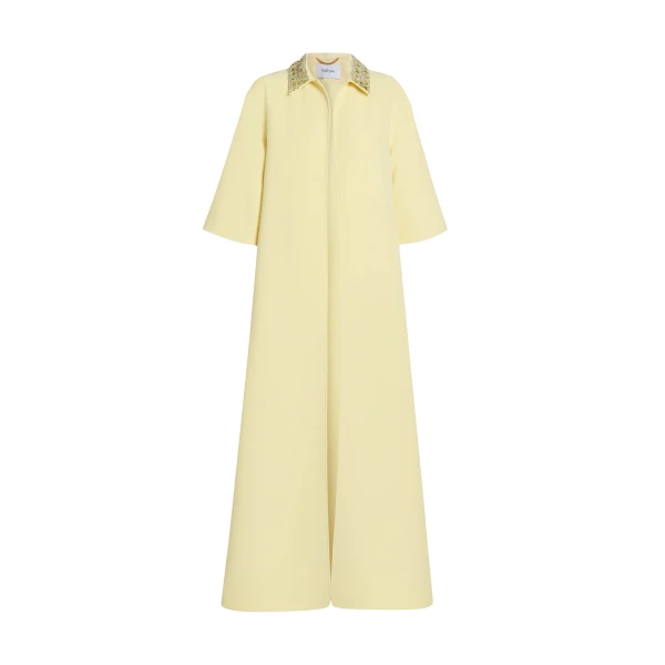 Safiyaa Ninetta Jacket in Pale Yellow with Gold - Safiyaa Jackets - Heavy Crepe Cape Gown - Shop at Coveti