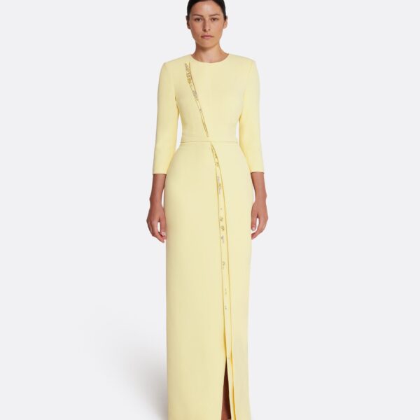 Safiyaa Tosavetta Long Dress in Pale Yellow with Gold - Safiyaa Dresses - Heavy Crepe Cape Gown - Shop at Coveti