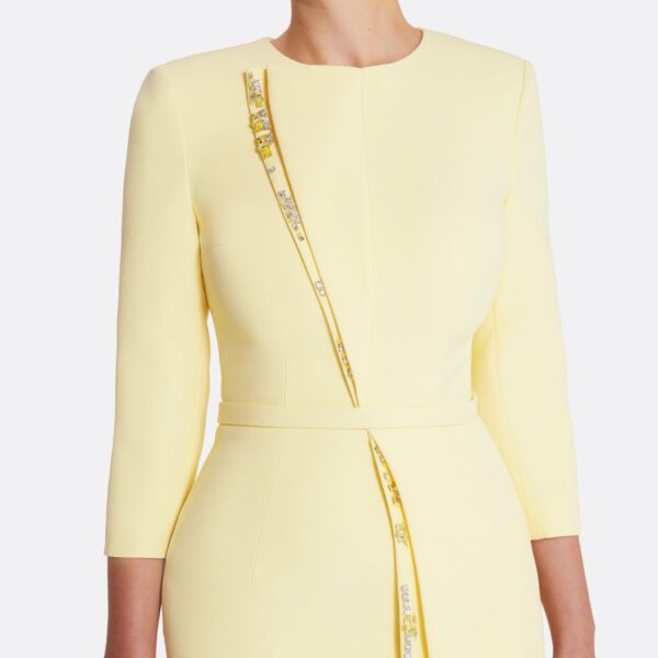 Safiyaa Tosavetta Long Dress in Pale Yellow with Gold - Safiyaa Dresses - Heavy Crepe Cape Gown - Shop at Coveti
