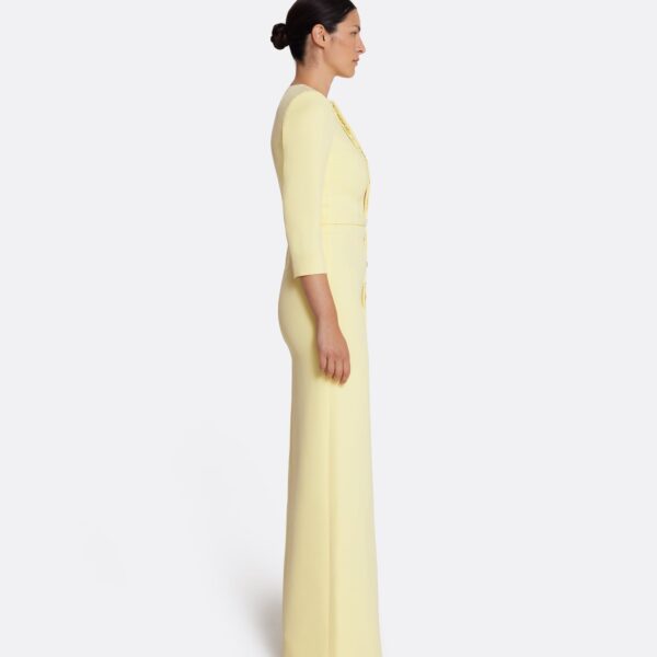Safiyaa Tosavetta Long Dress in Pale Yellow with Gold - Safiyaa Dresses - Heavy Crepe Cape Gown - Shop at Coveti