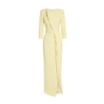 Safiyaa Tosavetta Long Dress in Pale Yellow with Gold - Safiyaa Dresses - Heavy Crepe Cape Gown - Shop at Coveti
