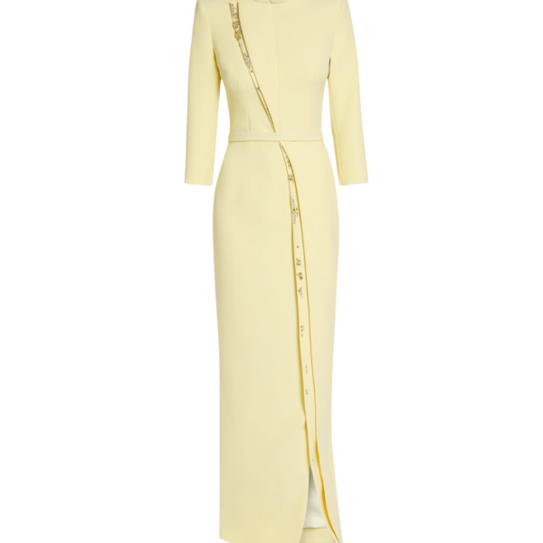 Safiyaa Tosavetta Long Dress in Pale Yellow with Gold - Safiyaa Dresses - Heavy Crepe Cape Gown - Shop at Coveti