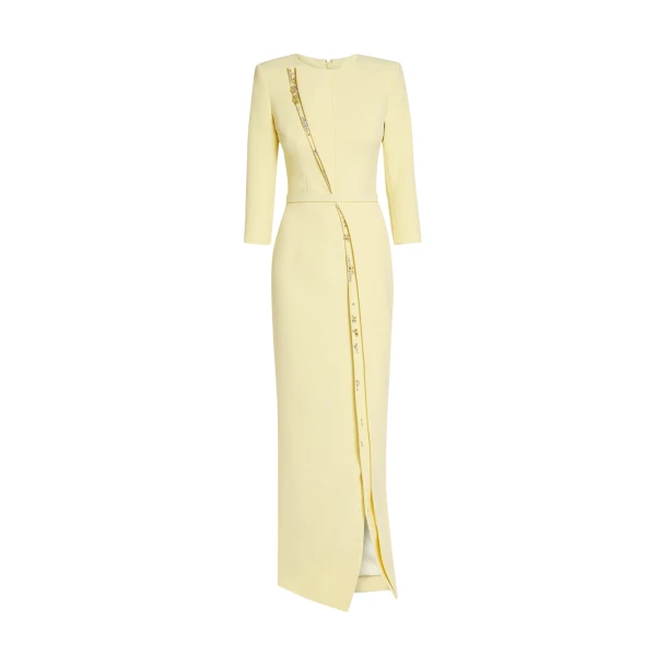 Safiyaa Tosavetta Long Dress in Pale Yellow with Gold - Safiyaa Dresses - Heavy Crepe Cape Gown - Shop at Coveti