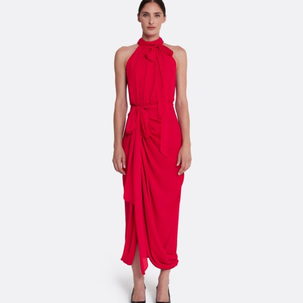 Safiyaa Valentina Midi Dress in Azalea Red - Safiyaa Dresses - Heavy Crepe Cape Gown - Shop at Coveti