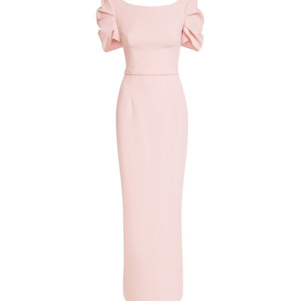 Safiyaa Vanna Dress Long in Pale Pink - Safiyaa Dresses - Heavy Crepe Cape Gown - Shop at Coveti