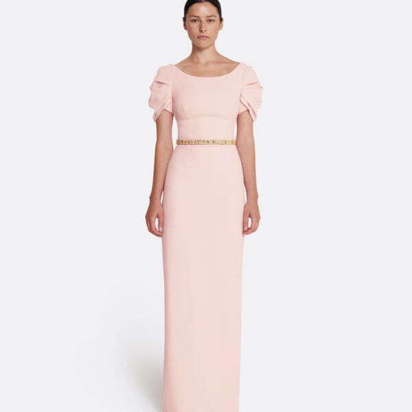 Safiyaa Vanna Long Dress in Pale Pink with Gold - Safiyaa Dresses - Heavy Crepe Cape Gown - Shop at Coveti