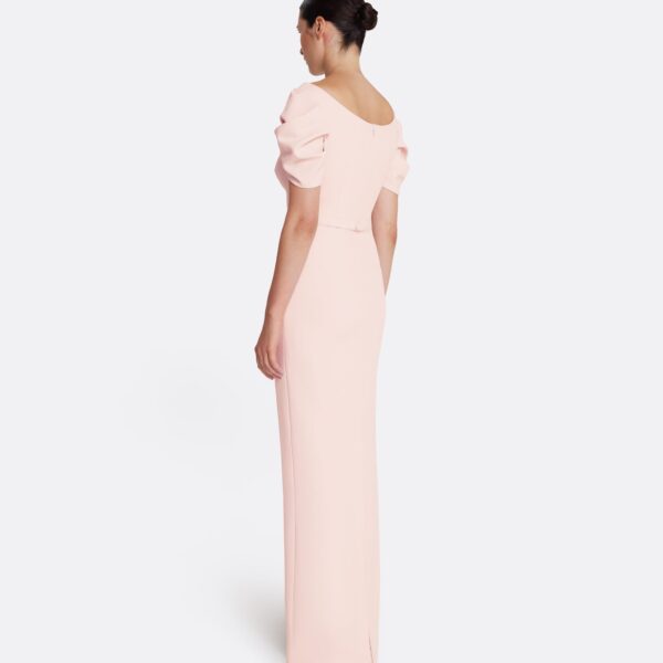Safiyaa Vanna Long Dress in Pale Pink with Gold - Safiyaa Dresses - Heavy Crepe Cape Gown - Shop at Coveti