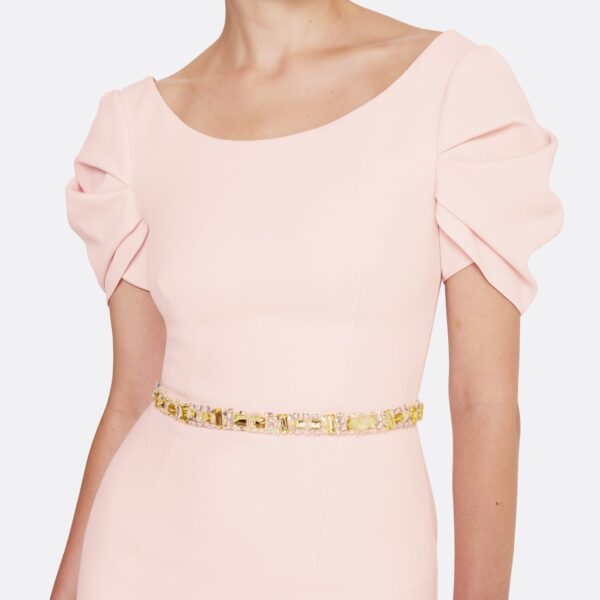 Safiyaa Vanna Long Dress in Pale Pink with Gold - Safiyaa Dresses - Heavy Crepe Cape Gown - Shop at Coveti