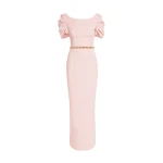Safiyaa Vanna Long Dress in Pale Pink with Gold - Safiyaa Dresses - Heavy Crepe Cape Gown - Shop at Coveti