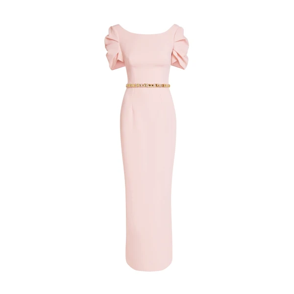 Safiyaa Vanna Long Dress in Pale Pink with Gold - Safiyaa Dresses - Heavy Crepe Cape Gown - Shop at Coveti