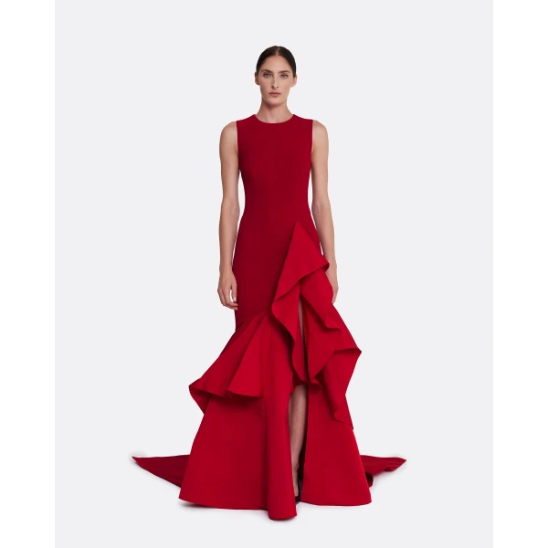Safiyaa Viviana Long Dress in Lacquer Red on Azalea Red, view 2